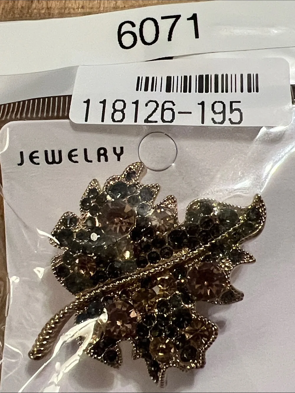 3/$18 Gold Leaf Brooch with Champagne and Black Crystals Lot 6071
